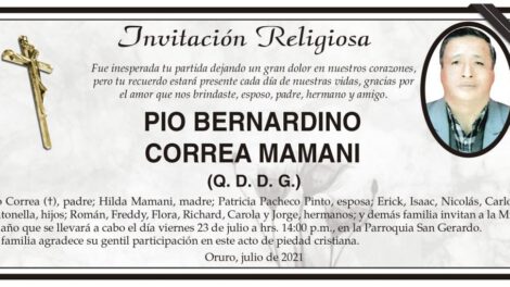 Invitación Religiosa: Pio Bernardino Correa Mamani