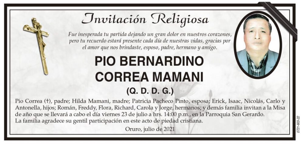 Invitación Religiosa: Pio Bernardino Correa Mamani