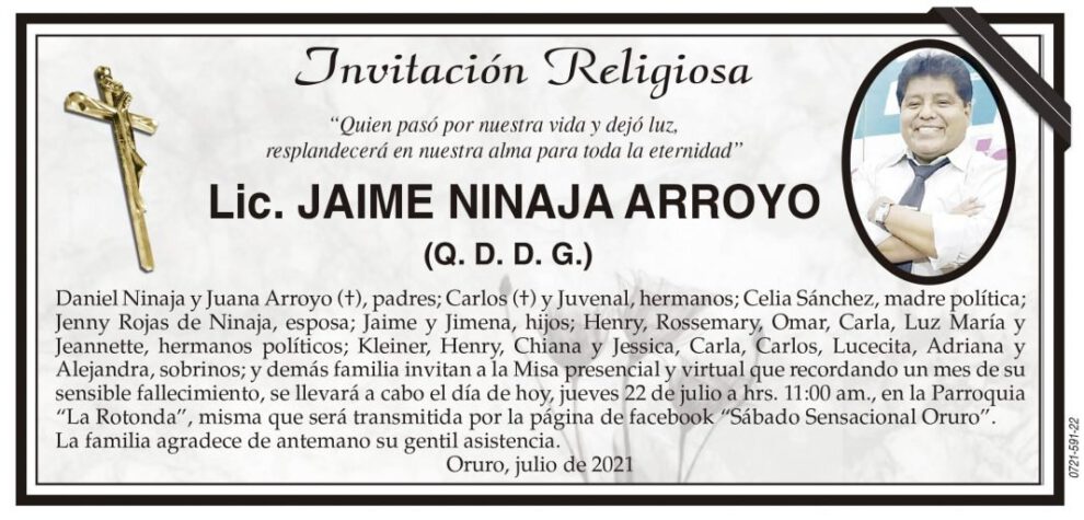 Invitación Religiosa para Lic. Jaime Ninaja Arroyo