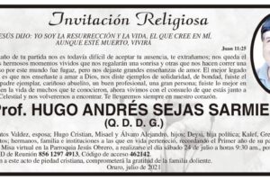 Prof. Hugo Andrés Sejas Sarmiento, invitación a misa virtual