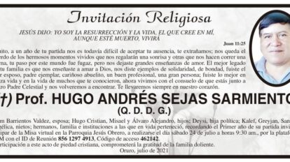 Prof. Hugo Andrés Sejas Sarmiento, invitación a misa virtual