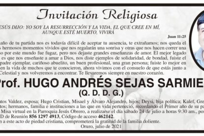 Prof. Hugo Andrés Sejas Sarmiento, invitación a misa virtual