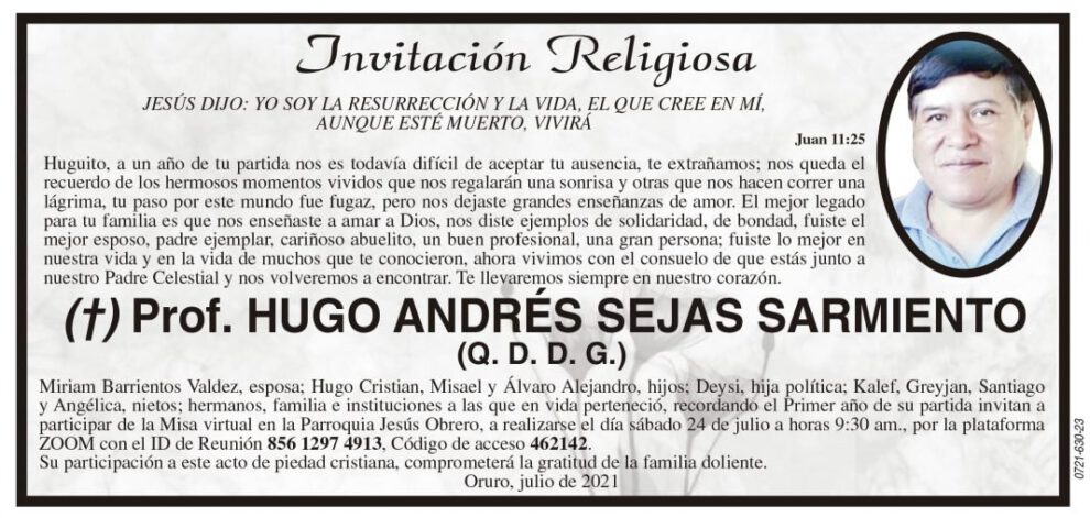 Prof. Hugo Andrés Sejas Sarmiento, invitación a misa virtual