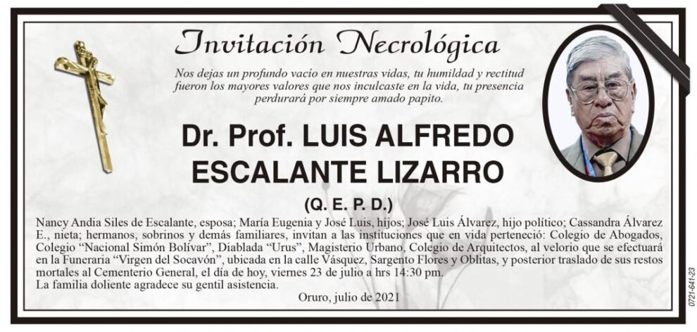 Invitación Necrológica: Dr. Prof. Luis Alfredo Escalante Lizarro