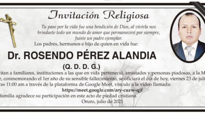 Invitación Religiosa en memoria del Dr. Rosendo Pérez Alandia
