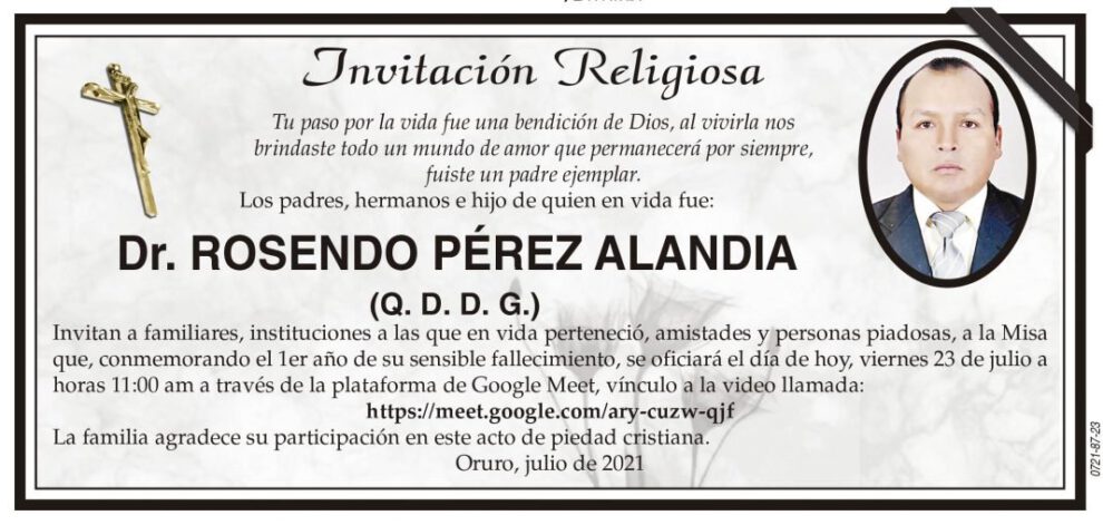Invitación Religiosa en memoria del Dr. Rosendo Pérez Alandia