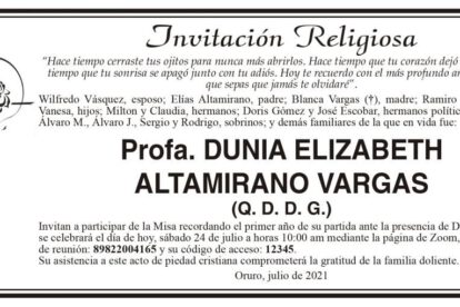 Invitación Religiosa para Dunia Elizabeth Altamirano Vargas