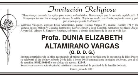 Invitación Religiosa para Dunia Elizabeth Altamirano Vargas