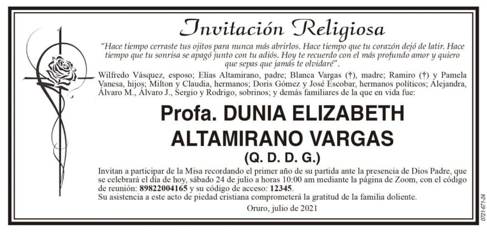 Invitación Religiosa para Dunia Elizabeth Altamirano Vargas