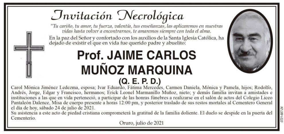 Invitación Necrológica: Prof. Jaime Carlos Muñoz Marquina