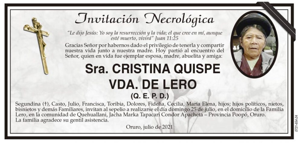 Invitación Necrológica: Cristina Quispe Vda. de Lero
