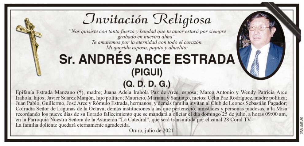 Invitación Religiosa para Andrés Arce Estrada