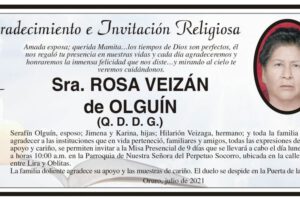 Agradecimiento e Invitación Religiosa: Sra. Rosa Veizán de Olguín