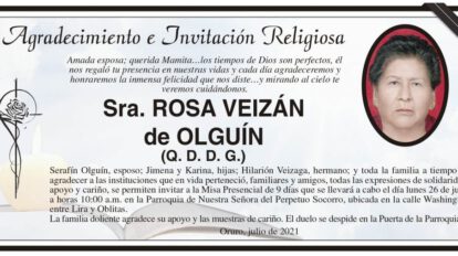 Agradecimiento e Invitación Religiosa: Sra. Rosa Veizán de Olguín
