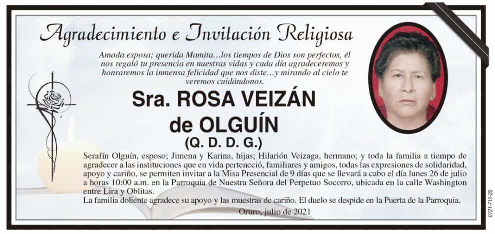 Agradecimiento e Invitación Religiosa: Sra. Rosa Veizán de Olguín