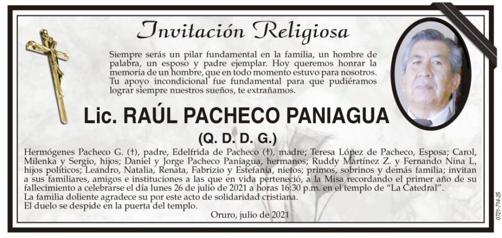 Lic. Raúl Pacheco Paniagua, homenaje en misa recordatoria