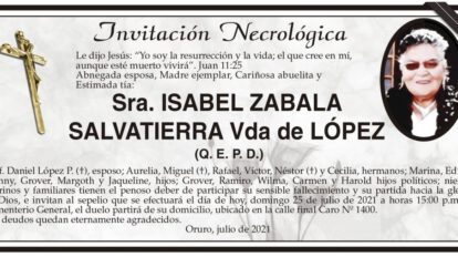 Invitación Necrológica de Isabel Zabala Salvatierra