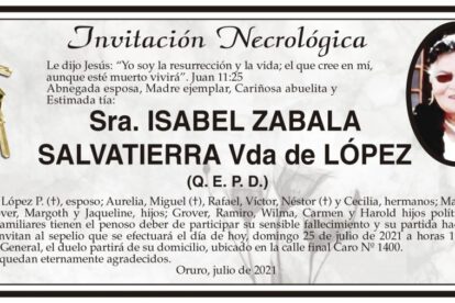 Invitación Necrológica de Isabel Zabala Salvatierra