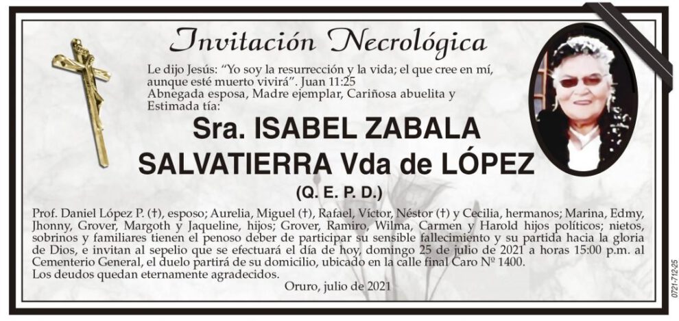Invitación Necrológica de Isabel Zabala Salvatierra