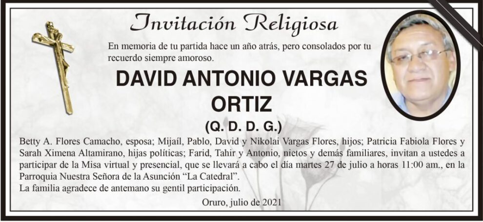 Invitación Religiosa en memoria de David Antonio Vargas Ortiz