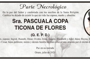 Parte Necrológico de Pascuala Copa Ticona de Flores