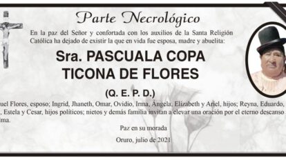 Parte Necrológico de Pascuala Copa Ticona de Flores