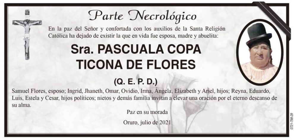 Parte Necrológico de Pascuala Copa Ticona de Flores