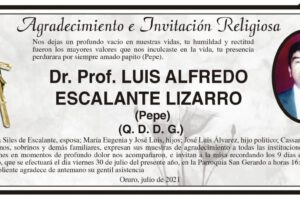 Agradecimiento e Invitación Religiosa: Dr. Prof. Luis Alfredo Escalante Lizarro