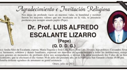 Agradecimiento e Invitación Religiosa: Dr. Prof. Luis Alfredo Escalante Lizarro