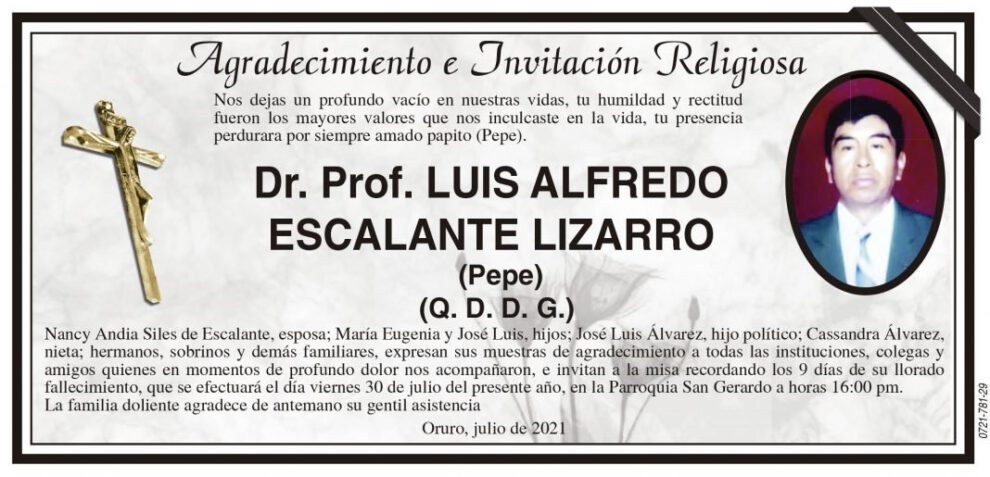 Agradecimiento e Invitación Religiosa: Dr. Prof. Luis Alfredo Escalante Lizarro