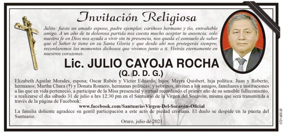 Invitación Religiosa Lic. Julio Cayoja Rocha