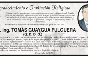 Agradecimiento e Invitación Religiosa por M.Sc. Ing. TOMÁS GUAYGUA FULGUERA