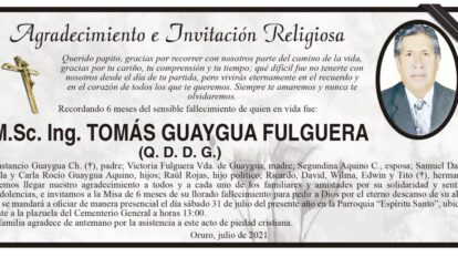 Agradecimiento e Invitación Religiosa por M.Sc. Ing. TOMÁS GUAYGUA FULGUERA
