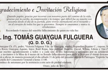 Agradecimiento e Invitación Religiosa por M.Sc. Ing. TOMÁS GUAYGUA FULGUERA
