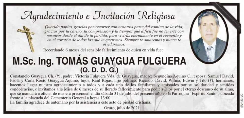 Agradecimiento e Invitación Religiosa por M.Sc. Ing. TOMÁS GUAYGUA FULGUERA