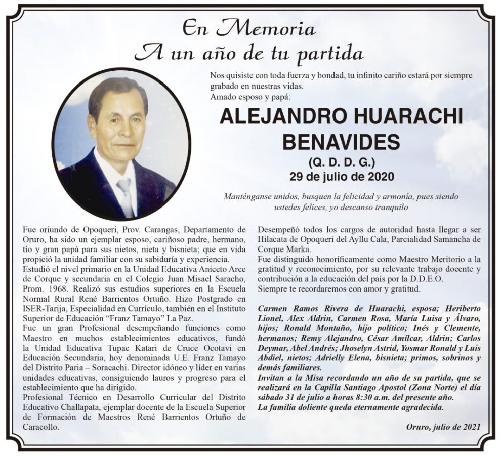 Obituario de Alejandro Huarachi Benavides