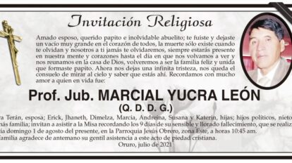 Prof. Jub. Marcial Yucra León, invitación a misa recordatoria