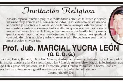 Prof. Jub. Marcial Yucra León, invitación a misa recordatoria