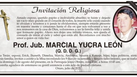 Prof. Jub. Marcial Yucra León, invitación a misa recordatoria