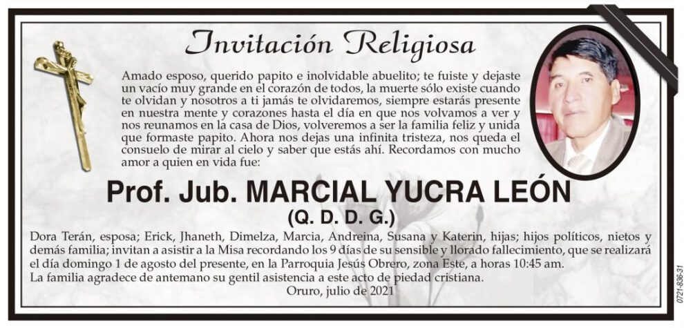 Prof. Jub. Marcial Yucra León, invitación a misa recordatoria