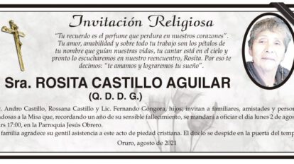 Invitación Religiosa en memoria de Rosita Castillo Aguilar