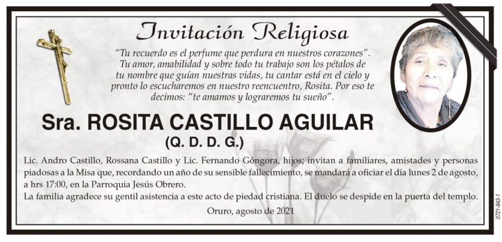 Invitación Religiosa en memoria de Rosita Castillo Aguilar