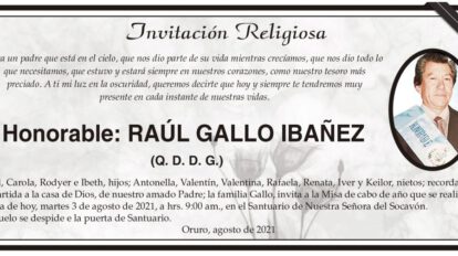 Invitación Religiosa en memoria de Raúl Gallo Ibañez