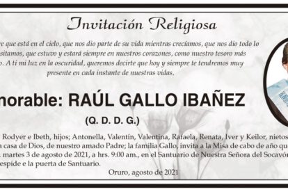 Invitación Religiosa en memoria de Raúl Gallo Ibañez