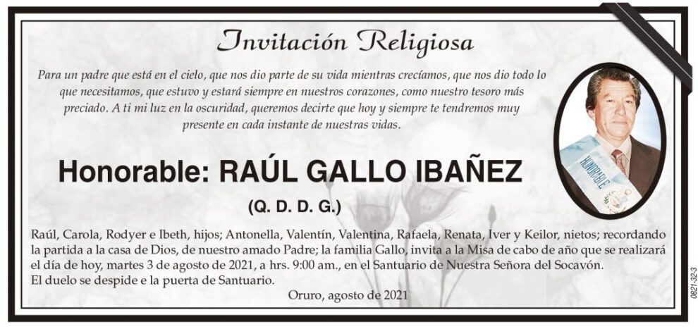 Invitación Religiosa en memoria de Raúl Gallo Ibañez