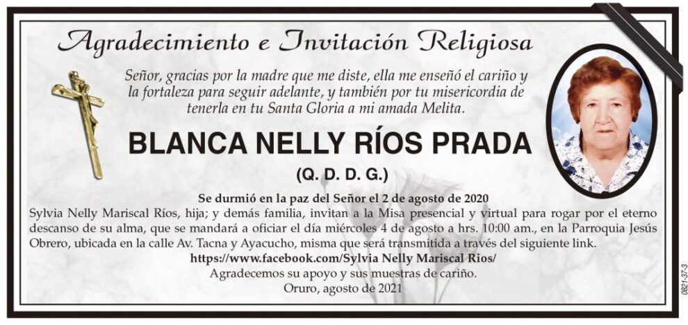 Agradecimiento e Invitación Religiosa por Blanca Nelly Ríos Prada