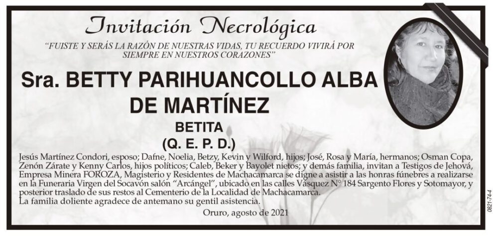 Invitación Necrológica de Betty Parihuancollo Alba de Martínez