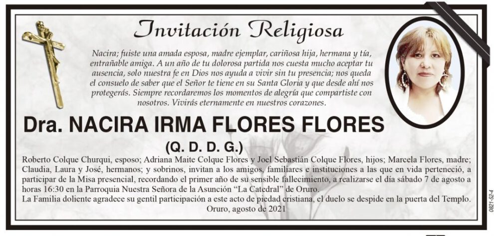 Invitación Religiosa para Dra. Nacira Irma Flores Flores