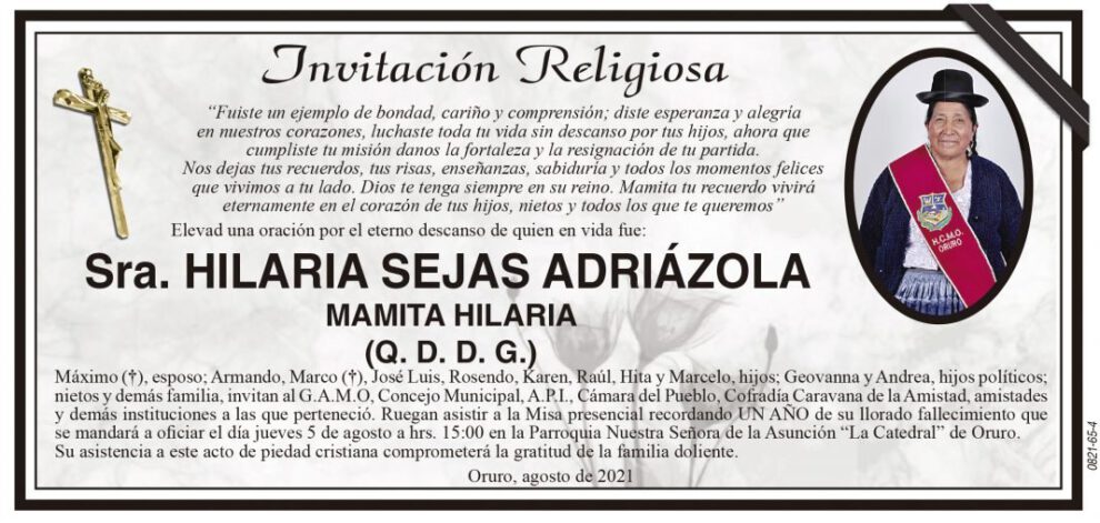 Obituario de Hilaria Sejas Adriázola