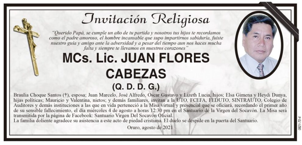 Invitación Religiosa para Juan Flores Cabezas